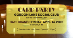 Gordon Lake Social Club Card Party Details for April. Featuring a close up photo of the Crokinole Board.